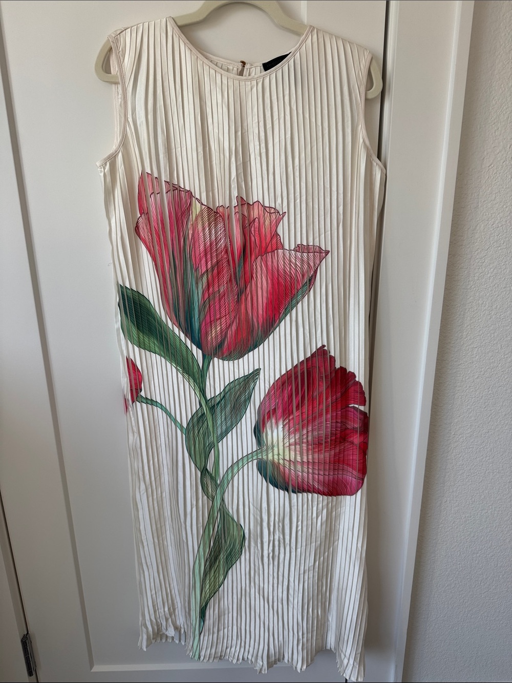 Donna Karan Cream Pleated Maxi Dress with Red Floral Motif